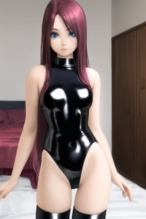 long-hair, single female, burgundy hair, standing, light_blue_eyes, slightly bent forward, medium breasts, latex leotard, thigh_highs, exposed shoulders, infront of bed
