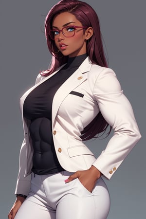 A dark skinned musclar female, long-hair, single dark skinned female, dark skin, brown skin, tanned skin, burgundy hair, light_blue_eyes, subtle blush, small breasts, muscular woman, muscular woman, body builder, huge muscles, extremely fit, muscular shoulders, muscular arms, pink nails, pink lips, glasses,

White business suit, white blazer, black shirt, white trousers, simple background 