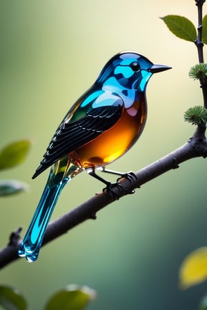 Elegant glass bird perched on a branch, depth of field 