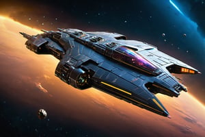 masterpiece,  pturbo,  1Spaceship, (finely detailed),  Galaxy,  planets,  Nexus,  glossy,  outer_space,  deep space,  zj,  extremely detailed CG unity 8k wallpaper,  cinematic lighting,  (glossy hull plating),  SpaceshipAI,  1 spaceship,  in deep space,  high res,  detailed cockpit,  glossy hull,  side angle view,  nebula in background,  side to side symmetrical,  symmetrical spaceship,  rectangle engines like Millennium Falcon,  Star Wars themed,  VCX-100 light freighter,  shaped like VCX-100 light freighter,  cinematic,  symmetrical faced star-ship,  Star ship,  CGI,  special effects,  VFX,  dynamic lighting,  fly by camera shot,  flattened shape,  heavy fighter,  realistic, 