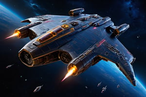 masterpiece,  pturbo,  1Spaceship, (finely detailed),  Galaxy,  planets,  Nexus,  glossy,  outer_space,  deep space,  zj,  extremely detailed CG unity 8k wallpaper,  cinematic lighting,  (glossy hull plating),  SpaceshipAI,  1 spaceship,  in deep space,  high res,  detailed cockpit,  glossy hull,  side angle view,  nebula in background,  side to side symmetrical,  symmetrical spaceship,  rectangle engines like Millennium Falcon,  Star Wars themed,  VCX-100 light freighter,  shaped like VCX-100 light freighter,  cinematic,  symmetrical faced star-ship,  Star ship,  CGI,  special effects,  VFX,  dynamic lighting,  fly by camera shot,  flattened shape,  heavy fighter,  realistic, 