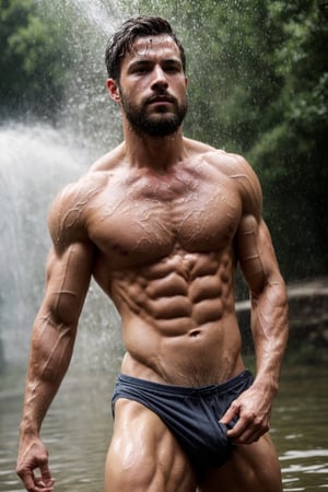 (Masterpiece, intricate details, Best Quality), 10K high resolution,  masterpiece, photograph:1.5 ,male focus, 1man, (chest hair):1.5, solo, realistic, ,facial hair, standing, arm hair, naked male, penis, nude male, day, outdoors, Standing in a hot steamy shower, (realistic water):1.5, muscular, navel, water, ashe brown hair, oily body, drops of water on body, abs, pectorals, full beard, muscular male, soft natural light, Adobe Lightroom, photographic, extremely detailed, intricate, anatomically correct, anatomically_correct_penis, Sexy Muscular, Germany Male, ,Germany Male,flaccid