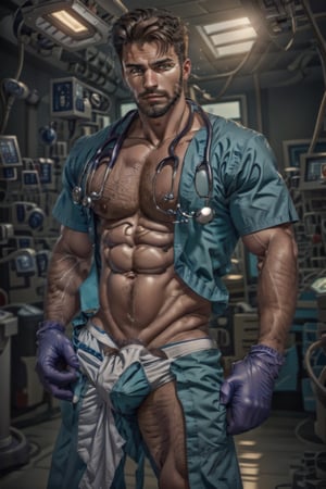 realistic, masterpiece, best quality, detailed, natural lighting, soft shadow, detailed background, photography, depth of field, intricate details, detailed face, subsurface scattering, realistic eyes, muscular, photo of a handsome (italian man), sexydoctor, scrubs, (25 years old), beard, gloves, hospital,sexypirate, belly_bulge, huge underwear_bulge, ball_sack bulge