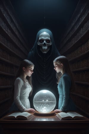 (Digital_illustration, realistic, highres, detailed,) a horrifying creepy ghoul stands behind a girl with hands on her shoulders, the bored young girl touches a crystal ball on top of a holder in a large study with many bookshelves, perfect face, detailed eyes, DonMCyb3rN3cr0XL,HellAI