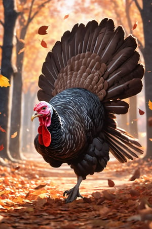 (portrait, medium shot), a turkey running from a butcher through fallen leaves, cinematic,Anime