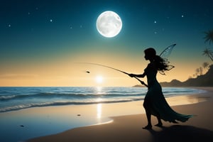 (illustration, detailed, high_resolution,) silhouette of a fairy fishing on a beach in moonlight, aw0k magnstyle