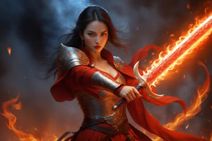 A fierce woman with a red-hot sword of fire, fantasy, full body, masterpiece, digital_painting, high_resolution, detailed