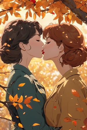 (portrait, medium shot), two women (kissing:1.5) under an apple tree in autumn, romantic, cinematic,Anime