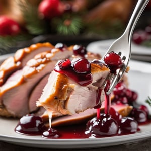 (extreme close up), a slice of Thanksgiving turkey on a fork glistening moist with gravy dripping and cranberry sauce, steaming hot, white turkey meat