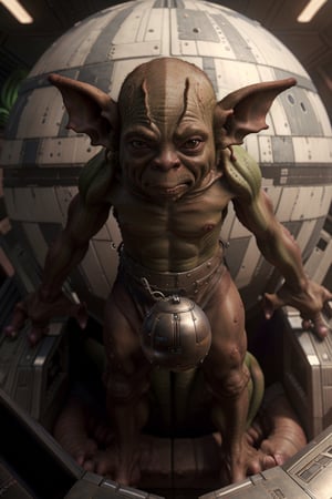 (cinematic, detailed, realistic, highres,) a (goblin:1.5) in the pilot seat of a Star Wars ship flying towards the Death Star, xyzabcplanets,chrometech 