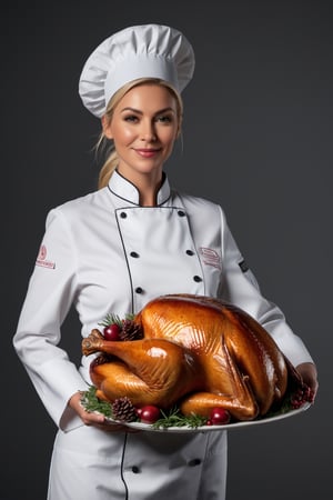 (portrait, medium shot), a female chef carrying a cooked Thanksgiving turkey on a platter,Extremely Realistic,aesthetic portrait,photo r3al