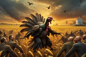 (illustration, highres, cinematic,) a (((zombie turkey))) ripping apart a screaming (man:1.5) in a corn field,monster,HellAI