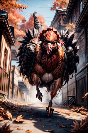 (illustration, detailed_background, highres, cinematic,) a (cooked turkey:1.5) running through piles of fallen leaves, action pose, running,Thanksgiving turkey