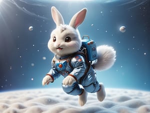 blue bunny Cute blue bunny in silver space suit floating in the air