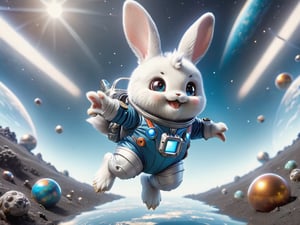 blue bunny Cute blue bunny in silver space suit floating in the air,HAPPY