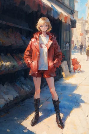 gucci model, red coat, short hair, blond hair, shorts, boots, watercolor style, sketch style, unclear appearance, fashionable outfit, non-realistic