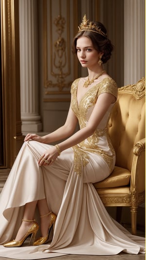 Princess, European noble, golden crown, sitting pose, French,FASHION GUCCI DRESS,PARTY