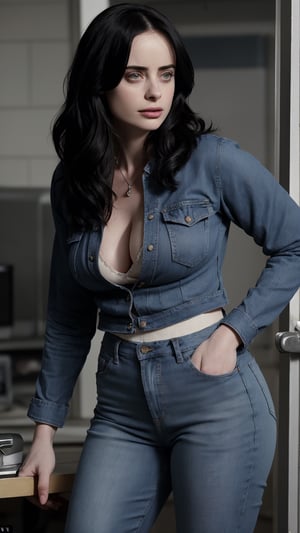 Krysten Ritter in the charactors and hairstyles of TV show Breaking Bad, sexy woman at the age of 45, big boos, wearing jeans, showing curve of breasts and waists, nice buttocks, sexy curves, sexy faces, detailed faces, realist, 170 cm height, 