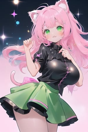 1 CAT GIRL PINK HAIR,green eyes,black blouse,black blouse, green skirt,big_boobs,,glitter,pink cat ears,,large hair,