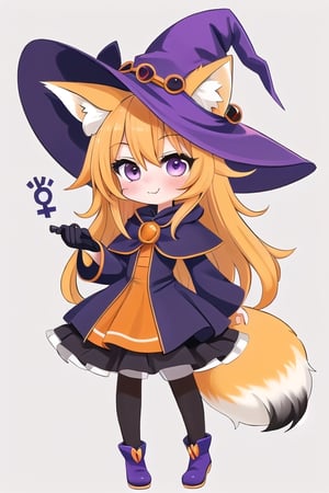 1GIRL,kawaii,chibi,FOX GIRL,fox ears yellow down,Yellow Hair,purple eyes,Orange Witch Cosplay,orange witch hat