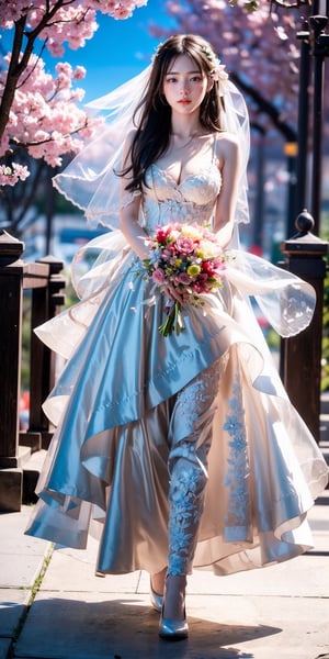 ((Fujifilm)), super bright scene, very bright backlighting, solo, full body,
{detailed eyes},{gradient blonde hair},{gradient blue eyes}, Cherry blossoms,large breast,flying petals,mountain,flowers meadows, detailed background, outdoors, {delicate wedding dress},transparent cloth, neck ribbon, bridal gauntlets, bridal veil, hair ornament, hair flower, bouquet,wedding band,cinematic angle,multiple views,standing
natural and soft light, hair blown by the breeze, delicate facial features,full_body