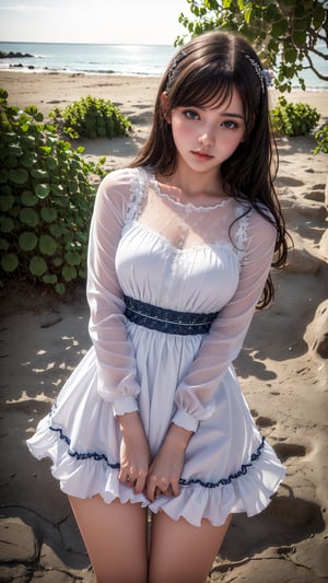 (best quality, masterpiece:1.2), ultra detailed, (photo realistic:1.4), (1girl:1.3), 25yo, little_cute_girl, beach, sunset_scenery_background, alluring_lolita_girl