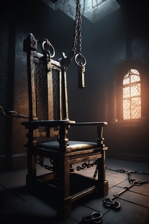 dark and gloomy torture chamber, basement, torture chair, X-cross BDSM frame, chains, manacles, (hyper detailed), 8k hdr, high level of detail, many details, high quality, soft cinematic light, atmosphere gothic , dramatic atmospheric perspective