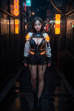 A professional ultra realistic RAW photo (eyelevel) (masterpiece) of one beautiful (21 years old) space cadet with big breasts in a dystopian city, neon lights, shallow depth of field, detailed background, sunset, volumetric lighting, hyperrealistic, (highly detailed), (soft focus), HDR, 8k resolution, full body shot