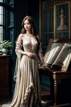 (masterpiece), full body, In a Pre-Raphaelite style, 18yo korean girl, a pretty girl stands in a castle room, wearing golden tiara and necklace with diamonds, enveloped in an aura of noble elegance, wearing a sheer gown. Her delicate form radiates grace, her skin ethereal and luminous. Her flowing hair cascades down, accentuating her beauty. The painting captures a moment of honor, reflecting the idealized concepts of nobility prevalent in Pre-Raphaelite art, 4k, high res, antique, detailed background, better_hands,
