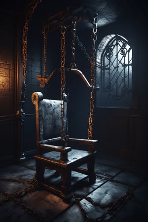 dark and gloomy torture chamber, basement, torture chair, X-shaped frame, chains, manacles, (hyper detailed), 8k hdr, high level of detail, many details, high quality, soft cinematic light, atmosphere gothic , dramatic atmospheric perspective