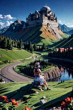 masterpiece, best quality, High resolution, anime style, View looking down from the top of the mountain, (1girl), (Back view of a girl sitting on top of a mountain), (wearing a white dress and feather headress), mountain flowers are blooming around her, in the valley ahead is a large lake, ((There is a large inca temple on the other side of the lake)), around the lake is a meadow with a forest of use trees and settlements in places, blurry_light_background