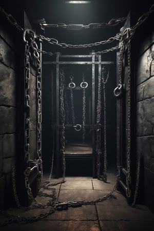 dark and gloomy torture chamber, basement, ((X-cross BDSM frame)), chains, manacles, (hyper detailed), 8k hdr, high level of detail, many details, high quality, soft cinematic light, atmosphere gothic , dramatic atmospheric perspective