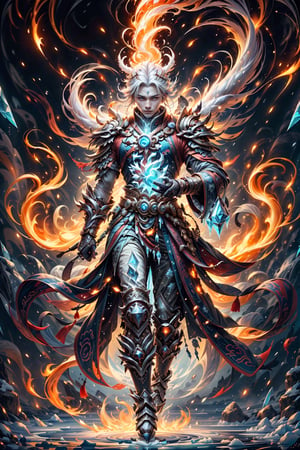 Masterpiece, Best Quality, 1 man, hunter, (casting ice magic), magic circle, (fire:(ice)), colorful fantasy theme, Chinese style shot, looking at viewer, (abundant glowing ice particles), lots of fire sparks, viewer look from bottom to top, full body.