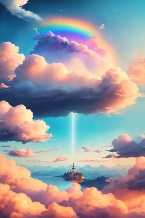 (best quality, 4K, ultra-detailed, highres, masterpiece), (ultra-realistic, photorealistic), Step into the world of high-resolution art with a 4K rendering of a charming, fluffy cloud character, its whimsical form trailing a vivid and enchanting rainbow across the expanse of a clear, cerulean sky.