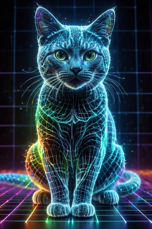 Extremely detailed, super-quality, hologram, hologram, only outline, wireframe, light-emitting wireframe, rainbow hologram, random color, futuristic, transparent body, virtual body, only outline neon tube, rainbow color, aesthetic grid, silhouette, neon style, CAT, 3D grid