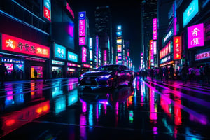 cyber, cyberpunk, Tokyo neon light, night time, buildings, high_resolution, high detailed, realistic, ultra realistic, real photography, traffic, vehicle, 