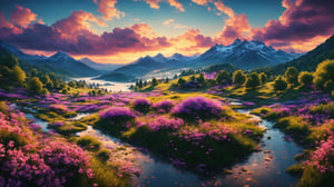 (best quality, 8K, ultra-detailed, masterpiece), (ultra-realistic, photorealistic), A breathtaking 8K masterpiece showcasing the awe-inspiring beauty of a cinematic landscape painted with super vibrant colors. The landscape captures nature's majesty, with rolling hills, a serene lake, and a colorful sky that seems to burst with life. This scene exudes tranquility and an enchanting sense of wonder, inviting viewers to immerse themselves in its vivid, cinematic splendor