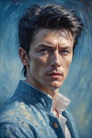 'Impasto painting' , cold army style male painting [ 'David Bowie' | 'Van Gogh' ] . Black hair (2020s theme) . (delicate blur: 3) , (blue to "Light blue" Renaissance glow: 2) , ("Shadow to bright gradient": 2.5) . Contrast between light and dark, dark shadows, ethereal, harmonious composition, landscapes, intricate backgrounds, gestures that evoke emotion