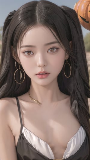 ishtar, black hair, red eyes, two side up, black ribbon, crown, hoop earrings, white bikini top, black bikini bottom, gold trim, elbow gloves,  pumpkin goddess, looking at the viewer, outdoors, desert, small breast, twintails, looking at viewer, masterpiece, best quality, high resolution, beautiful detailed eyes, extremely detailed face, perfect lighting, upper body, face, close up, (high resolution), ,ereshkigal,jwy1,spell_magic