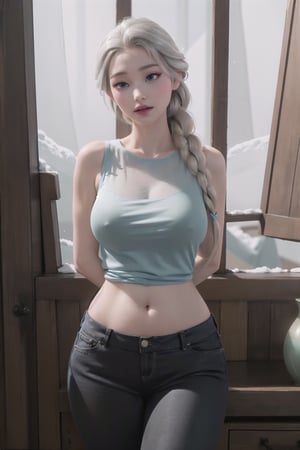  1girl,  ( thick thighs, wide hips  )  (cinematic lighting, sunlight, volumetric),
(masterpiece, best quality, highres, high resolution:1.2),  elsa of arendelle, single_braid,Snow,jwy1,arm_behind_back, large_breast, ,see-through shirt,belly,sleeveless_shirt