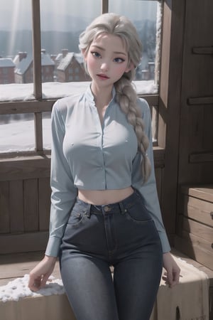  1girl,  ( thick thighs, wide hips  )  (cinematic lighting, sunlight, volumetric),
(masterpiece, best quality, highres, high resolution:1.2),  elsa of arendelle, single_braid,Snow,jwy1,arm_behind_back, large_breast, ,naked_shirt