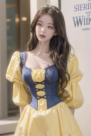 Sexy pinup model, Disney princess snow white, high_res,  detailed eyes, , tight blue corset, , yellow dress, fluffy hair, magical ,snowwhite,jwy1,hand_behind_back