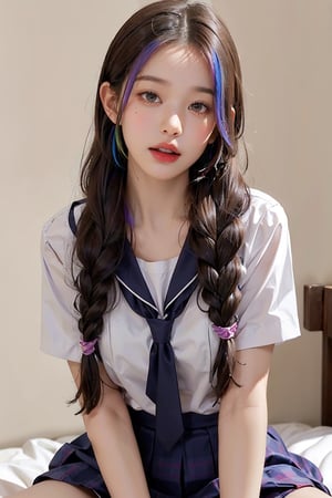 a 30 yo woman, ((long_wave_hair)), (hi-top fade:1.3), soothing tones, muted colors, high contrast, (natural skin texture, hyperrealism, soft light, sharp),a girl, solo, highly detailed beautiful face and eyes,(((Rainbow hair))), detailed skin texture, textured skin, realistic dull skin noise, visible skin detail, skin fuzz, glossy skin, petite, (white gradation hair),light pinklong hair,
nsfw, (front focus:1.4), hetero,(straddling:1.3), alluring move, exposed sex drive, happy face, mouth_open, (((See-through school uniform))),((braided_bangs))
,jwy1,realhands,(on the bed),kneeling_down,bright light at the front,panties,bra,school uniform skirt