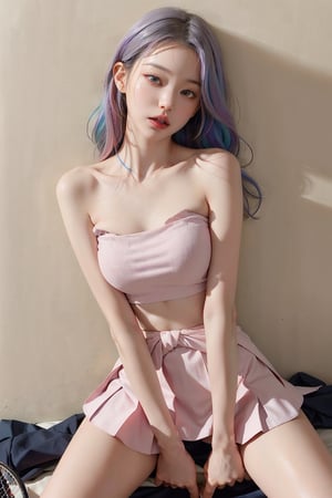 a 30 yo woman, ((long_wave_hair)), (hi-top fade:1.3), soothing tones, muted colors, high contrast, (natural skin texture, hyperrealism, soft light, sharp),a girl, solo, highly detailed beautiful face and eyes,(((Rainbow hair))), detailed skin texture, textured skin, realistic dull skin noise, visible skin detail, skin fuzz, glossy skin, petite, (white gradation hair),light pinklong hair,
nsfw, (front focus:1.4), hetero,(straddling:1.3), alluring move, exposed sex drive, mouth_open, ((tube_top)),((no_panty)),((tennis_skirt)), jwy1,realhands,(waist_shot)