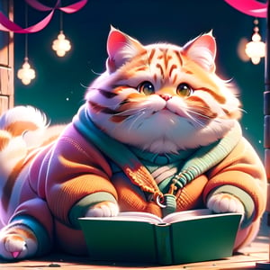 A CUTE cat, ORANGE colors, fat, open the book, Very fatter, happy, big book, jungle,cat , read the book,birman cat,Obese
