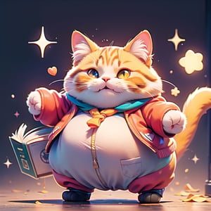 A CUTE cat, ORANGE colors, fat, open the book, Very fatter, happy, Fighting