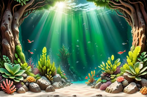 Center the composition , Bird view, Underwater world, God's perspective
 ,Top-down perspective, Symmetrical composition,    Bird view, Center the composition, Horizontal composition,  Underwater world, Symmetrical composition, Under the sea, Top-down perspective, From high above, only background, 3D rendering, colorful ink wash painting style, water, no humans, grass, plant, scenery, pillar, moss, coral, shell, mottled gravel, no animal, scenery, no fish, bubble, light rays, rock, underwater, coral,
seaweed, ocean current, caves and crevices, Underwater world background, perfect light, In the vibrant underwater world of the fishing game, sprawling seaweeds and algae form the seabed's equivalent of forests and meadows, adding layers of greenery that sway with the currents. This Lush underwater vegetation serves as the foundation of the ecosystem,  contributing to the overall biodiversity of the scene. The dense patches of sea grass and towering stands of kelp create a dynamic and textured landscape, further enhanced by the play of light filtering down from above. This verdant underwater landscape provides a rich backdrop for the game, inviting players to explore the hidden depths where the aquatic plants form an intricate and lively underwater tapestry,3D Render Style, no fish, no any animal
