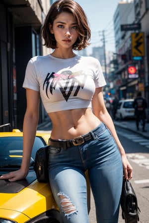 masterpiece, high definition, dof, 8k, (Annie, 16 yo, cyberpunk 2077), short brown hair, blue eyes, wearing a  skin tight jeans with a hip holster and a white T-shirt, beautiful girl, (smooth abs:1.0), brown boots,1 girl,High detailed ,Detailedface