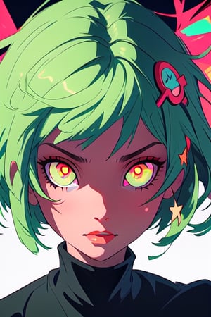 (masterpiece), best quality, expressive eyes, perfect face, glowing eyes, short hair, green hair, black hair, star-shaped pupils, hair ornament,