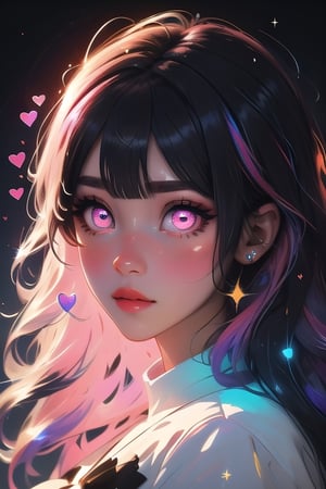 (masterpiece), best quality, expressive eyes, perfect face, glowing eyes, heart pupils, hair ornament, rainbow hair, bangs, Volumetric Lighting, glitter, dress, blush stickers, glitter, High detailed, SAM YANG, long hair